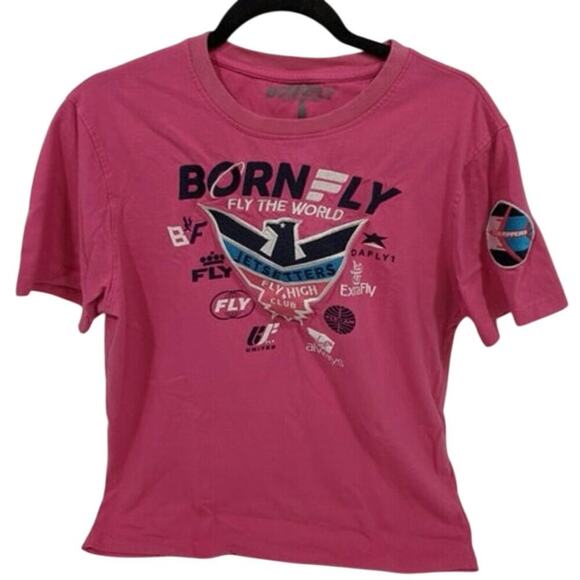 BORN FLY Pink Jetsetters Tee w/ Embroidered Patches Size Unisex 2XL New with Tag - Picture 1 of 9